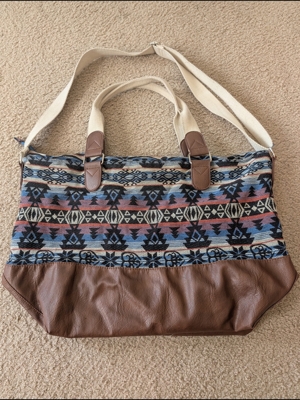 Y2K Vintage Boho Aztec Print Canvas Duffle Bag with Brown Faux Leather Trim
